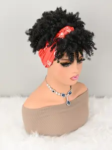 Scarf Hairpiece, Short Curly Hairpiece, Dual-Style Fringe Headscarf, Synthetic African Fluffy Hairpiece with Gradient Band
