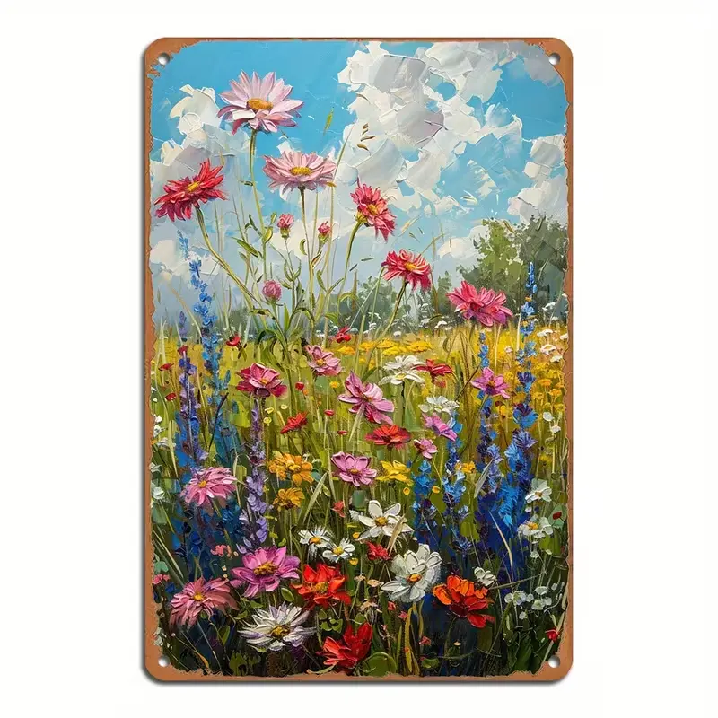 8x12 in Hangable Waterproof Vintage Thick Impasto Technique Metal Tin Sign - Artistic Colorful Daisy Lupine Spring Floral Oil Painting, Distressed Rust Border Wall Plaque, Rustic Farmhouse Kitchen Decor Wall Art