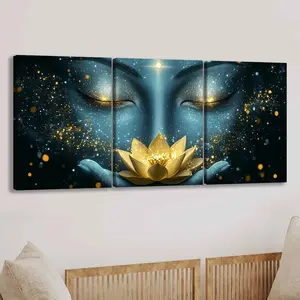 3-Piece Wood Frame Canvas Art Set, Artistic Buddha Poster Decorations, Home Wall Art, Office & Bedroom Decoration, Gift Idea