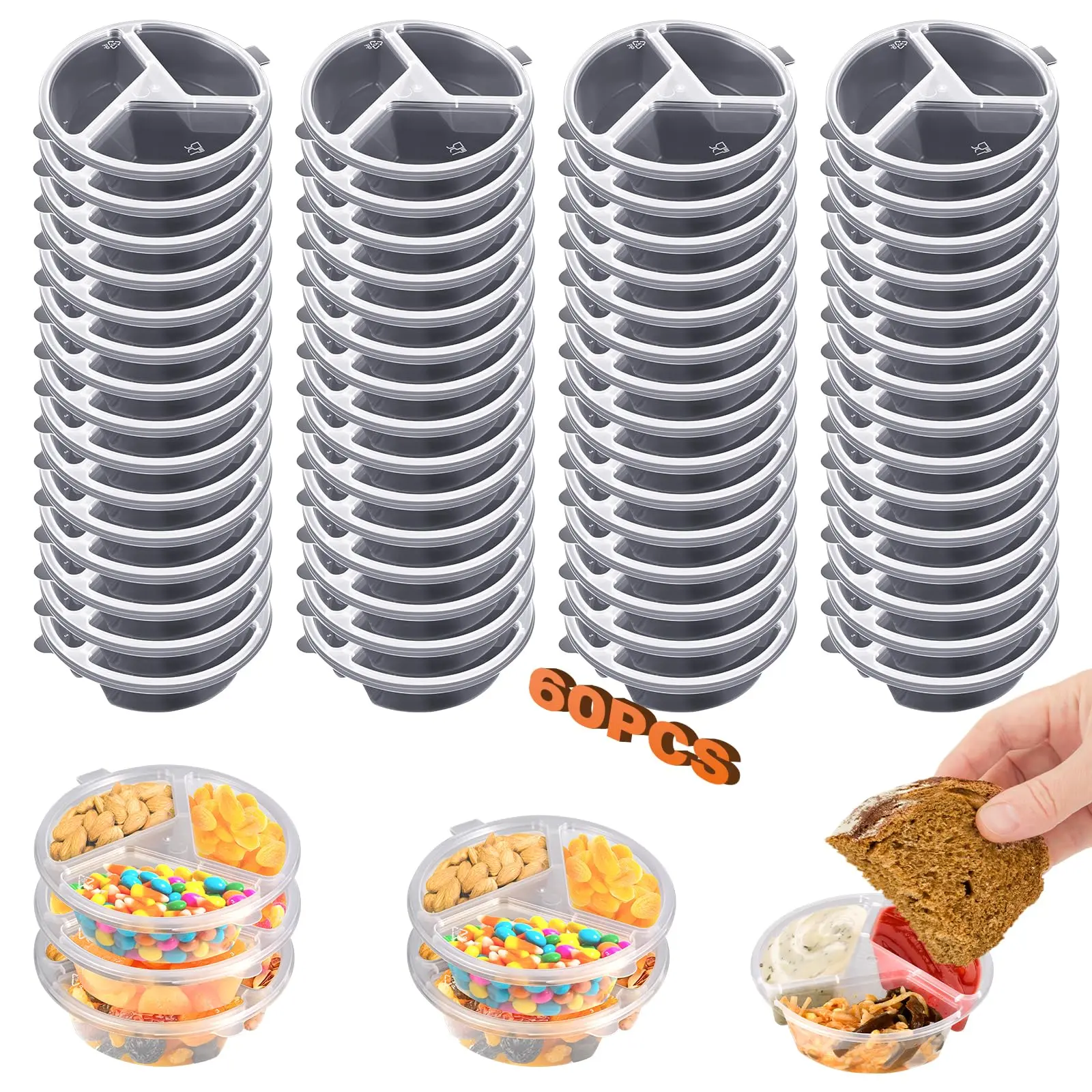 30-Piece Leak-Proof 3-Compartment Single-Use Disposable Plastic Condiment Containers with Lids, 5 oz Small Portion Cups for Salsa, Dips, Dressing (Home & Festive Party Disposable Tableware Set)