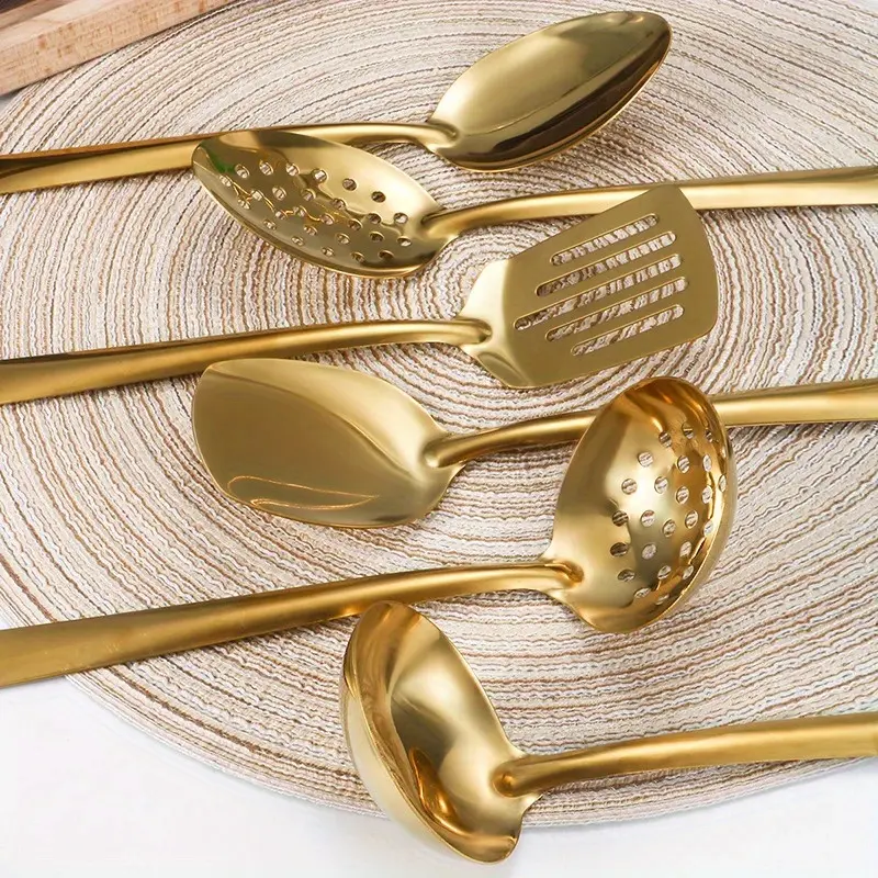 6pcs Korean-Look Gold-Plated Stainless Steel Kitchen Utensil Set - Thick, Durable Utensils with Slotted Tips, Various Shapes Including Spatula, Slotted Spoon, Soup Ladle, Slotted Ladle, Food Tongs for Home Cooking