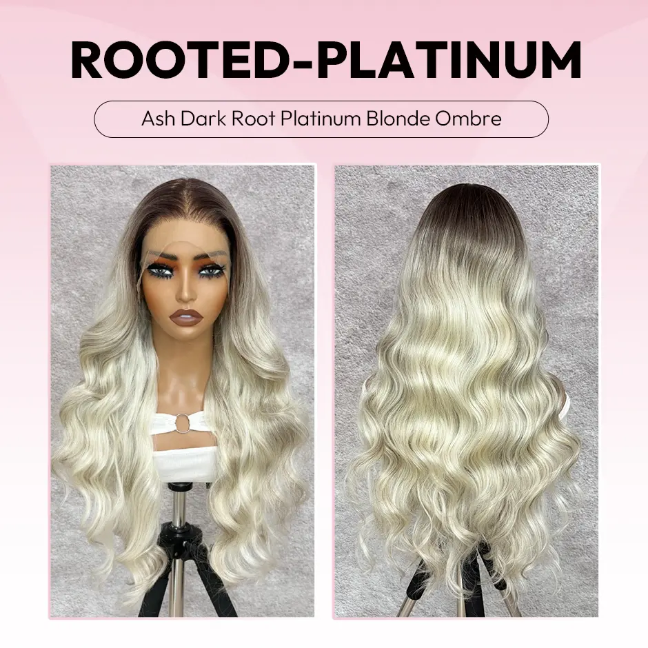 VSIGN Rooted Platinum Gray Blonde Wig, Long Body Wave 13x6 HD Synthetic Lace Front, Premium Heat Resistant Fiber for Daily Wear & Party, 13X6 Synthetic Lace Front Wigs, Blonde Synthetic Lace Front Wigs