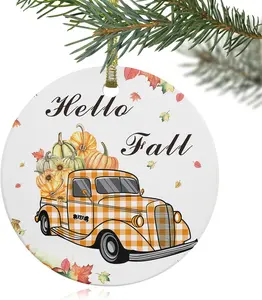 2024 Christmas Ornament Xmas Tree Hanging Accessories,Orange Plaid Farm Truck on White Christmas Tree Round Ceramic Ornaments for Holiday Party Home Decor,Thanksgiving Pumpkins and Fall Leaves