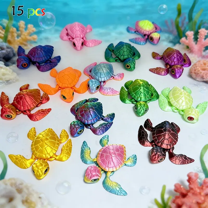 15-Piece 3D Printed Turtle Set, Multiple Colors, Home Desktop Decor, Aquarium Theme, Thanksgiving Halloween Christmas Gifts