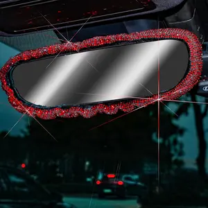 Bling Car Rearview Mirror Cover, Elastic Plush Bling Car Rear View Mirror Cover, Crystal Rhinestone Bling Car Interior Accessories for Women Universal Fit - Red