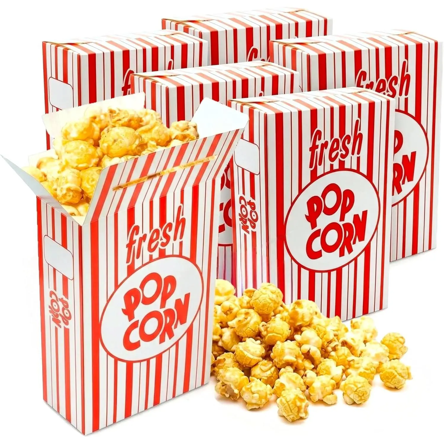 100 Pack Large Close Top Paper Popcorn Boxes 6" L x 2 1/2"W x 8 1/2"H, Red and White Stripes Popcorn Containers for Movie Party and Theater Night