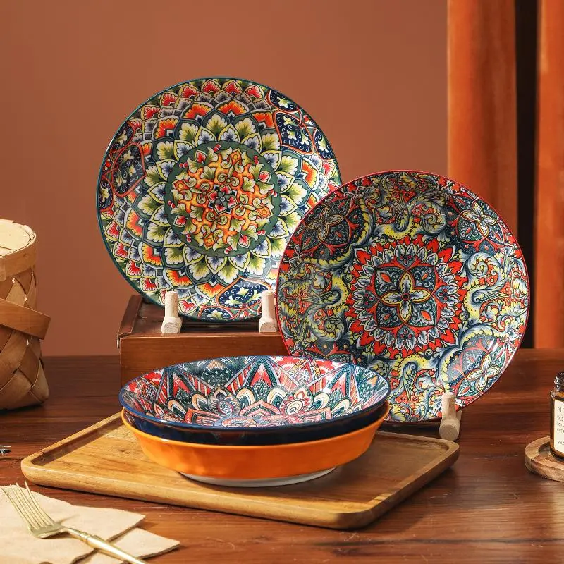 Floral Pattern Ceramic Plate Set, 4 Counts/set Boho Style Bowl/Plate, Household Tableware Set Dinnerware Service Set for Home Kitchen Dining Room, Dinnerware Sets, Plates And Bowls Sets