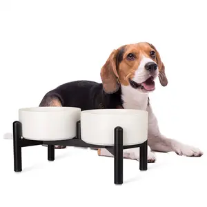 Raised Ceramic Dog Bowl Set – Elevated Double Dishes with Stainless Steel Stand – Food & Water Bowls for Small to Medium Dogs and Indoor Cats – 14 fl oz/28 fl oz Drinking Water Bowl