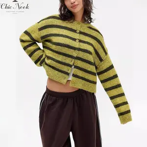 Women‘s Striped Cardigan Sweaters Button up Long Sleeve Fall Outfits Knit Sweater Cropped Cardigans Casual Jacket Coat