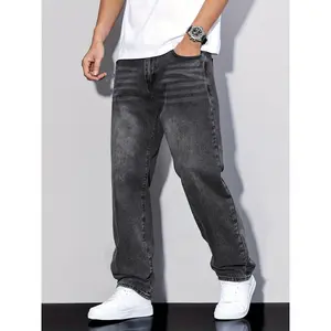 Men's Classic Straight Leg Jeans - 65% Cotton 35% Polyester Blend, 380gsm Heavyweight, Machine Washable, Regular Fit, All-Season Versatile Streetwear, Solid Black
