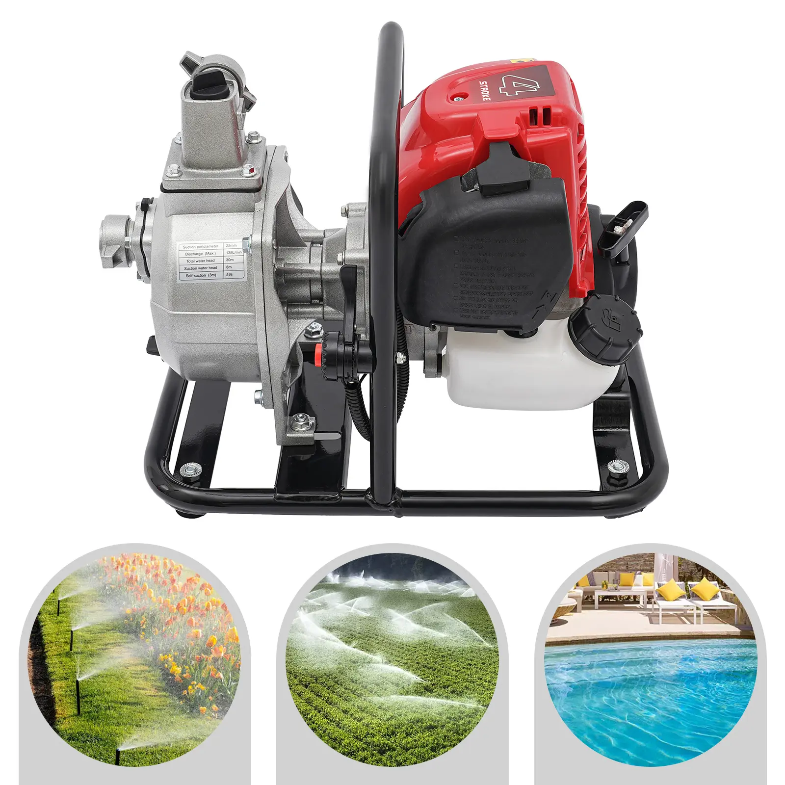 4-Stroke Portable Liquid Pump, 1.2KW Gasoline Engine, 35.66gal/min Flow Rate, 98.43ft Head, Efficient Draining, Recoil Easy Start, Multi-Use for Irrigation, Fire Rescue, Four Stroke