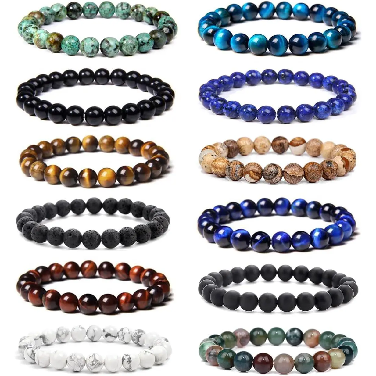 12Pcs 8mm Natural Stone Beaded Bracelets for Men Women, Stretch Gemstone Bracelet Set with Tiger Eye, Lava Rock, Onyx, Howlite & Mixed Stone Jewelry