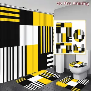 4PCS Geometric Stripes Shower Curtain set, Black, White and Yellow Geometric Decor, Accessories with Bath Mat, U-shaped Mat, Toilet Lid Cover, 12 Hooks 180x180cm Curtain, Modern Geometric Fan, Home Decor, bathroom accessories