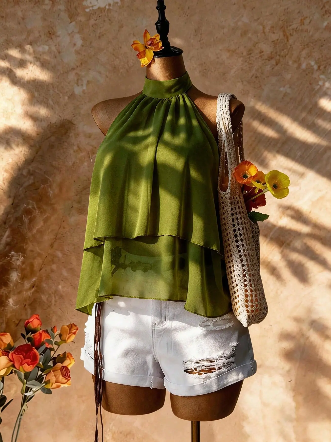 VYNCE Elegant Olive Green Halter Neck Tie Blouse Ruffle Hem A-Line Shirt Backless Summer Casual Holiday Vacation Beach