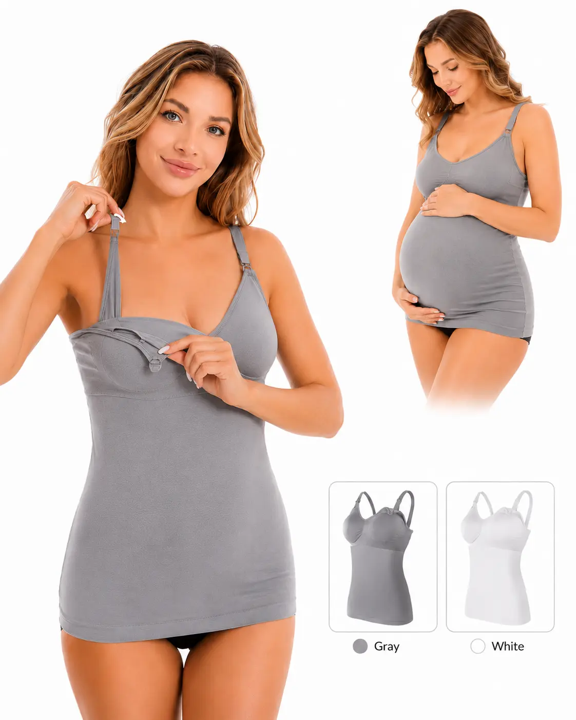 2-Pack Maternity Nursing Tank Top with Built-In Bra, 1-Hand Clip for Pregnancy & Postpartum Use