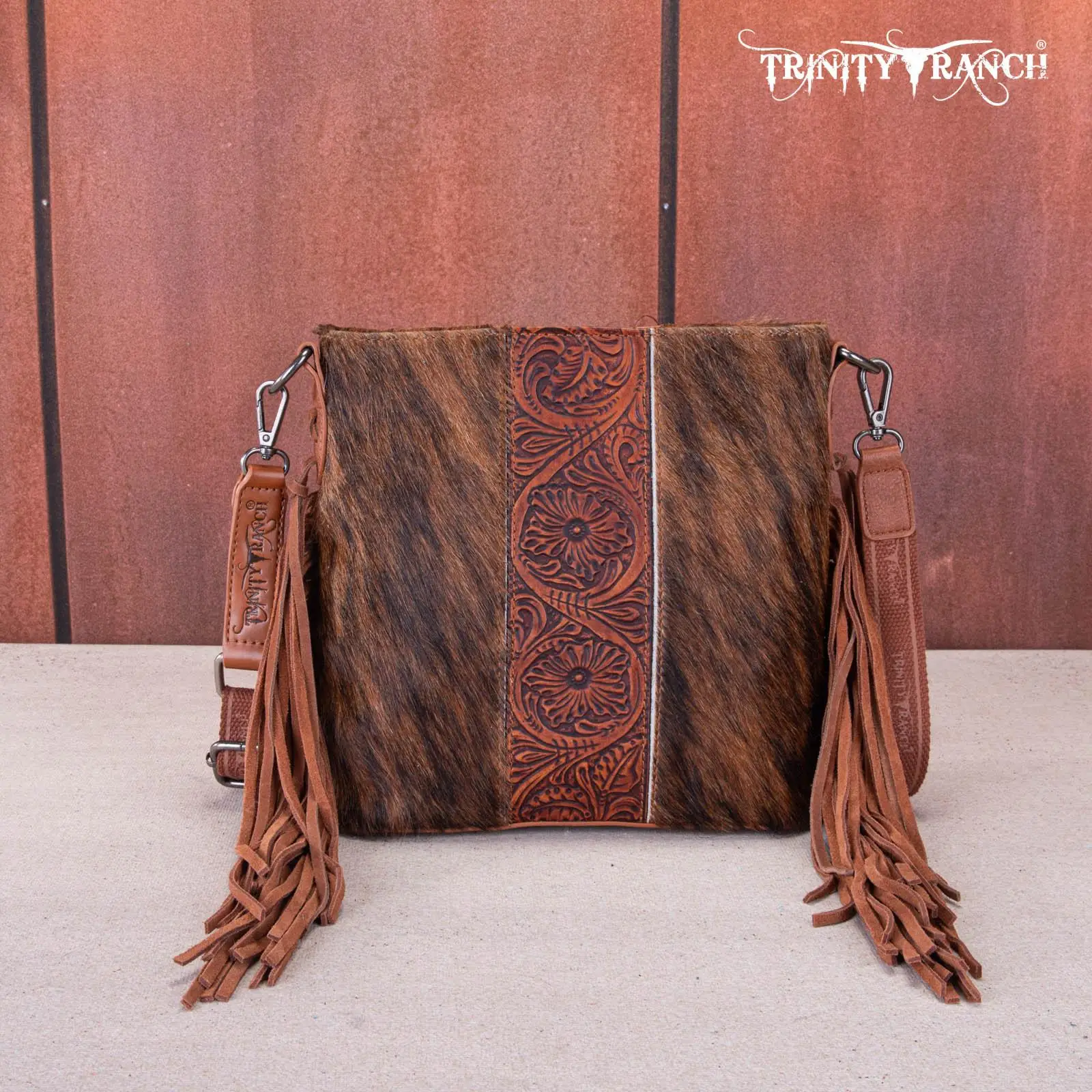 Trinity Ranch Hair-On Cowhide Tooled Floral Fringe Concealed Carry Crossbody Bag with Detachable Strap & Secure Storage Pocket