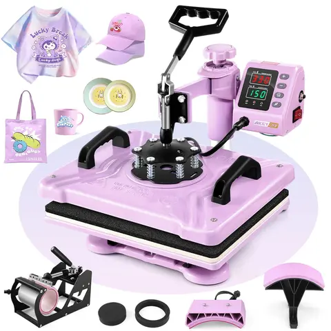 AKEYDIY 5-in-1 Multifunction Purple Pink Heat Press Machine, 15x12in Sublimation Press with 360° Rotation & Pressure Adjustable 360° Swing Away for T-Shirts, Caps, Mugs, Plates, Coasters, Handcraft Crafts DIY Kit Gift for DIY Lovers