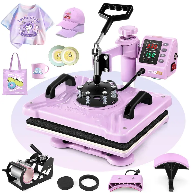 AKEYDIY 5-in-1 Multifunction Purple Pink Heat Press Machine, 15x12in Sublimation Press with 360° Rotation & Pressure Adjustable 360° Swing Away for T-Shirts, Caps, Mugs, Plates, Coasters, Handcraft Crafts DIY Kit Gift for DIY Lovers