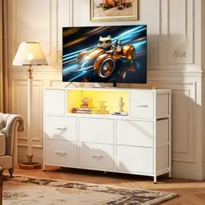 White Dresser-Style TV Stand, Fits 45–55 Inch Televisions, Modern Entertainment Center Equipped with LED Lighting and Charging Station, Multi-Storage Console with 8 Fabric Drawers and Open Shelves, Wood Tabletop Design, Suitable for Living Room Use