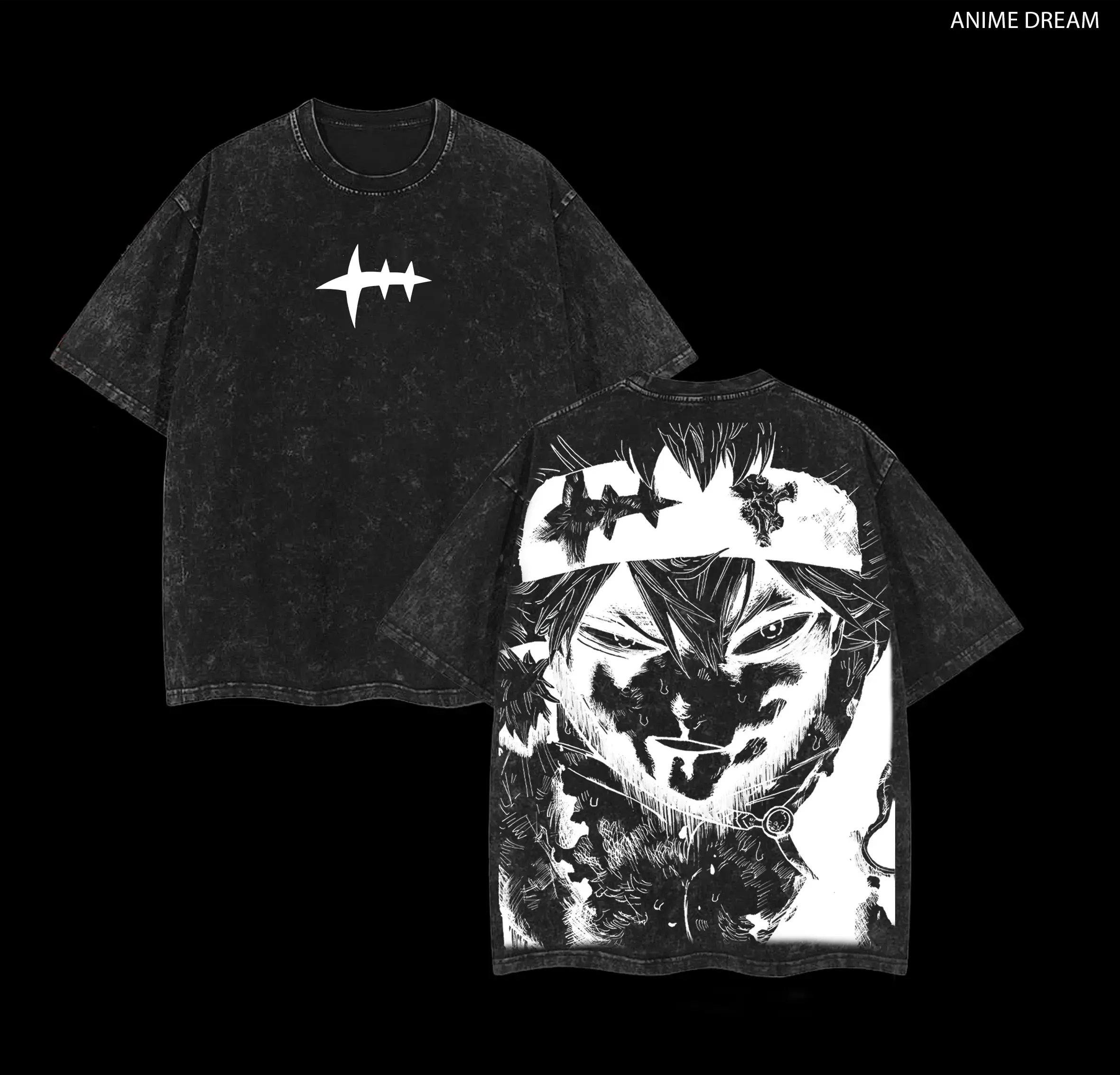 Asta x Black Bulls Black Clover Anime Double Printed Vintage Washed Tee Unisex Oversize Heavyweight Cotton T-shirt for Anime Fans and Lovers