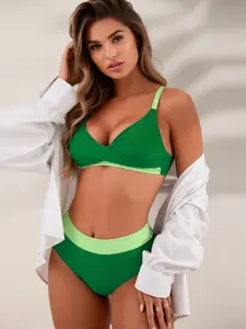 Green Color Block High Waist Bikini Set – V Neck Adjustable Strap Tummy Control Swimwear