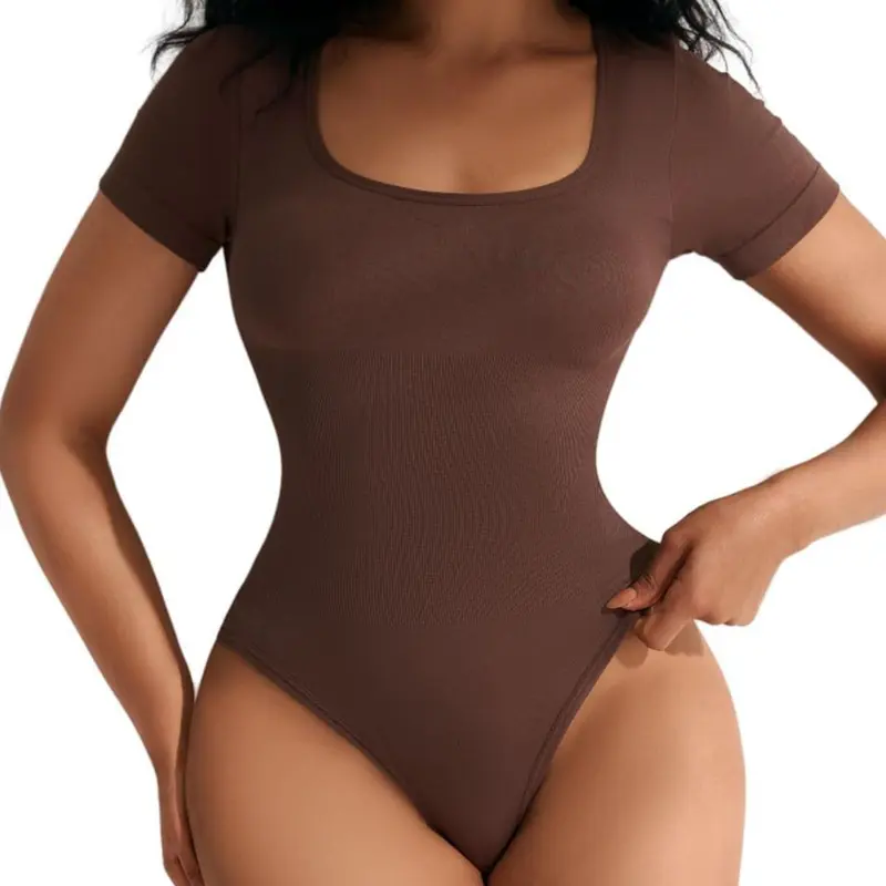 Women's Solid Square Neck High Waisted Shapewear Bodysuit, Seamless Short Sleeve Comfy for Daily Wear, Summer Compression, Faja Compression, Body Shaping Bodysuit