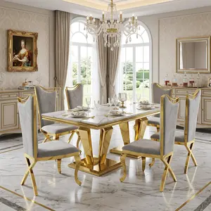 7 Pieces Modern Luxury Dining Room Table set Elegant Household Kitchen Table with 6 Soft Grey Velvet Padded Seats, Chic White Faux Marble Smooth Surface & Shiny Gold Stainless Steel Support Legs, Stylish Home Kitchen Furnishing, Ideal for Family Dinner