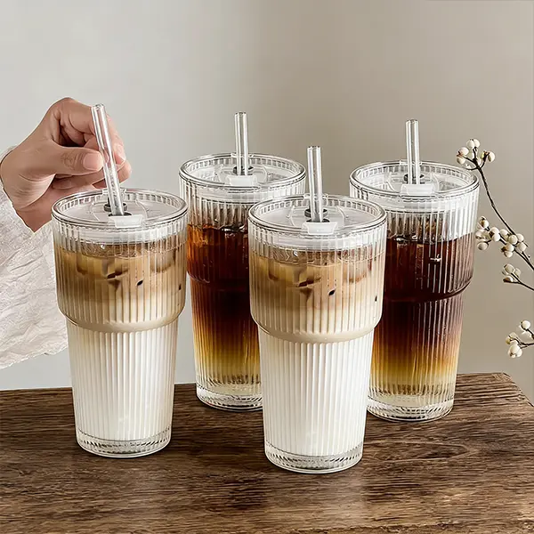 4-Pack Stylish Round Shape Ribbed Glass Tumblers (18oz/540ml) - Leak-Proof Washable Reusable Travel Bottled Drinkware with Lids & Straws for On-the-Go Iced Coffee