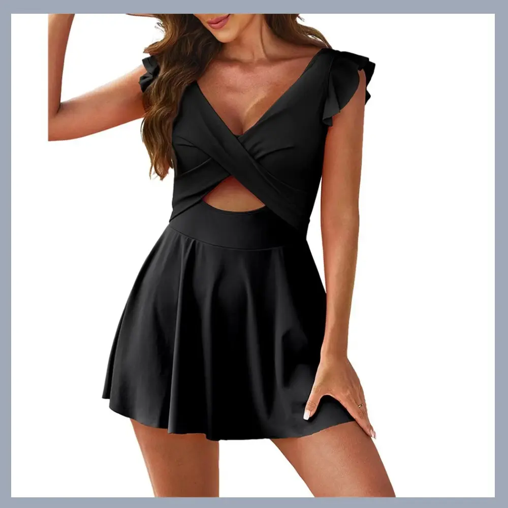 Women's Sexy Ruffle 1-Piece Swimsuit - Crisscross Back Halter Neck, Skirted Bathing Suit for Beach Vacation, Pool Party - Flowy Swim Dresses, Crisscross Swimdresses, Back Cutout Swimdresses, Swimsuit for Women