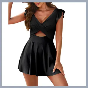 Women Sexy Ruffle One Piece Swimsuit with Cross Back Halter Neck Flirty Skirted Design for Beach Vacation Pool Party Summer Fashion