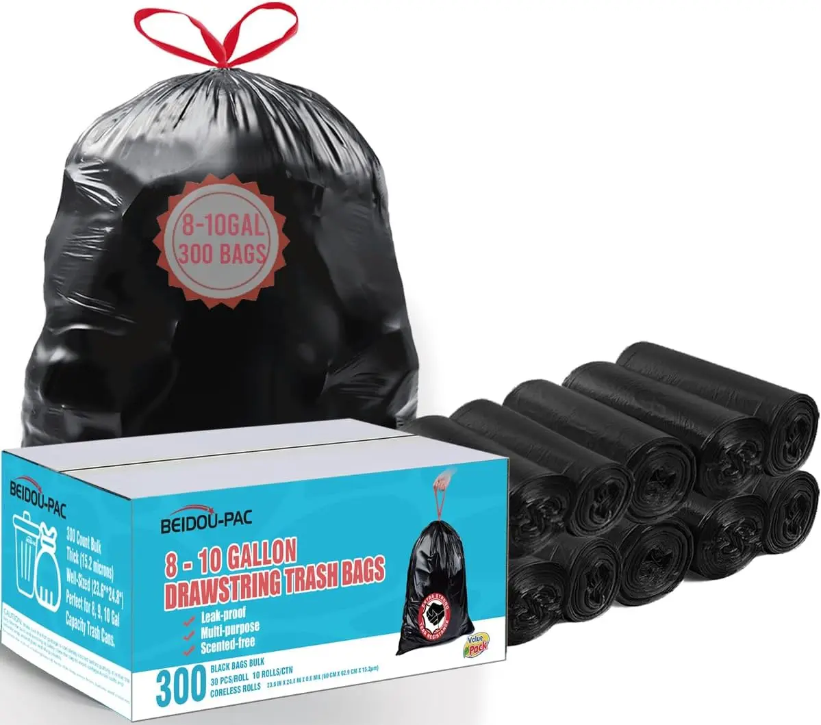 BEIDOU-PAC Drawstring Trash Bags, 8-10 Gal Black Unscented Bin Bags, 300-Count Bulk Multi-Purpose for Home & Business Use