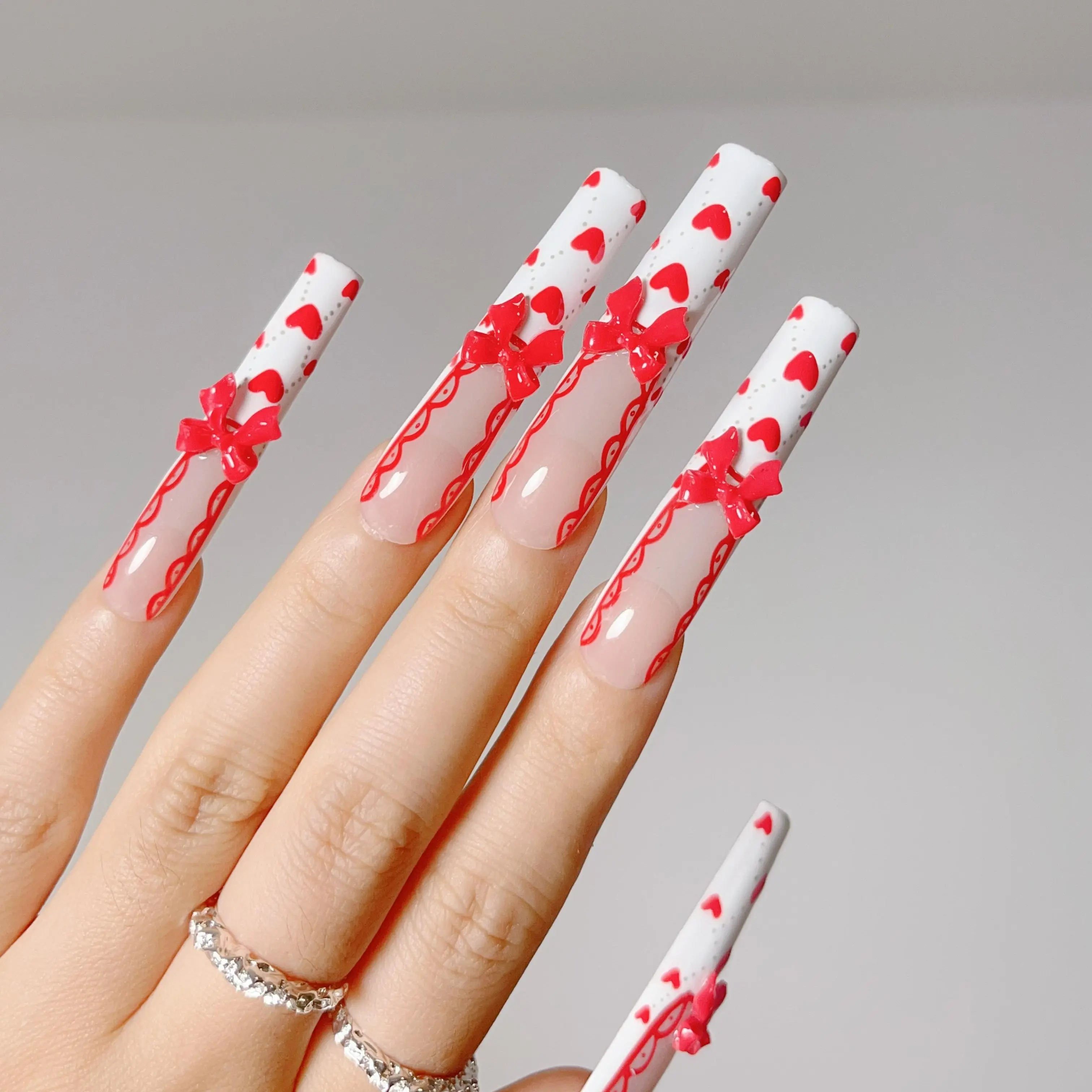 nailrosy 10Pcs Handmade Glossy Extra Long Square Press-on Nails Set, Red White Heart & White French Tip Lace Bow Acrylic Design, Nail Art Supplies with Stickers & Gems in Box, for Women’s Festivals & Daily Wear, Acrylic Press On Nails