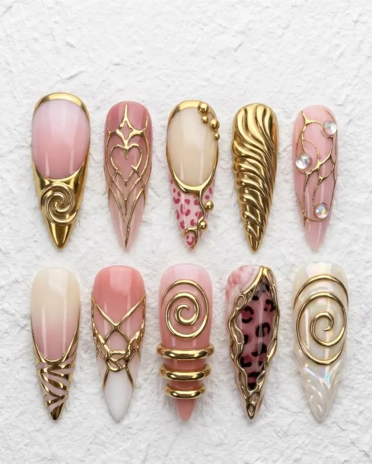 Handmade Pink Gold Chrome Press On Nails | Luxury 3D Leopard Heart Gold Stiletto Fake Nails with FREE Adhesive Tabs FREE Nail File FREE Cuticle Stick