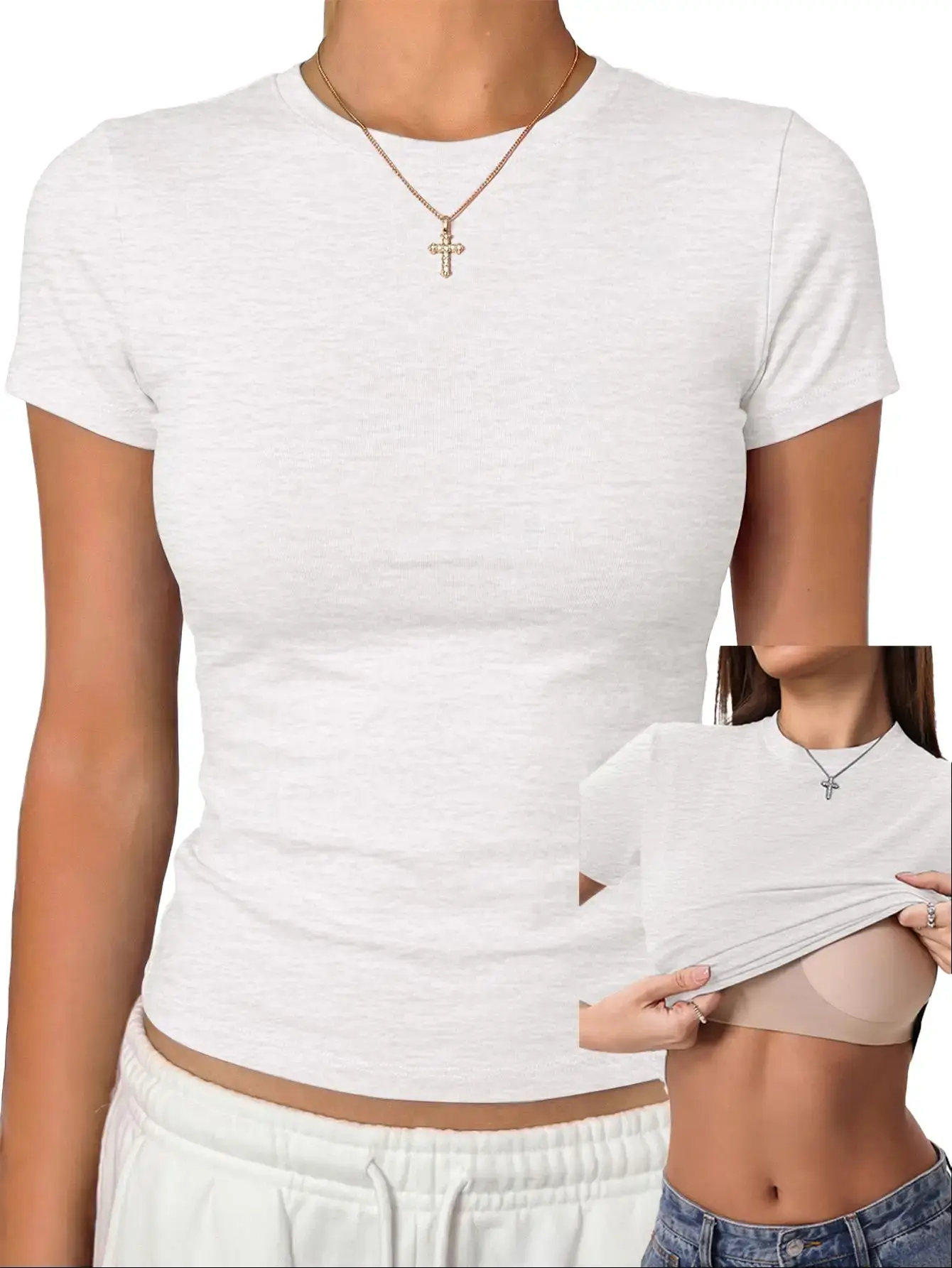 Danysu Built In Bra Solid Cotton Crewneck TShirt No See Through Stretchy Lightweight Fitted Everyday Basic Tops Gym Workout Casual Tee Minimalist Round Neck Women campingessentials Streetwear Womenswear