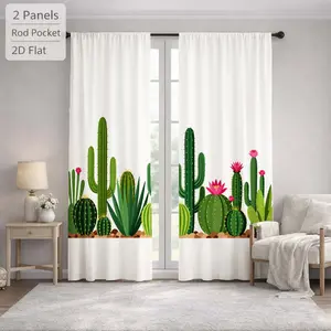 2Pcs Cartoon Green Plant Cactus Pattern Sun Blocking Curtains Digital Printed Rod Pocket, Window Treatment For Bedroom Office Kitchen Living Room Study Home Decor