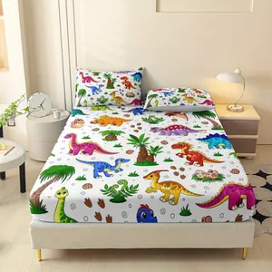 Cartoon Dinosaur Print Bedding Set, Queen Size Mattress Cover, Twin Full King Style Sheet & Pillowcases, Polyester Washable, Bedroom Decor