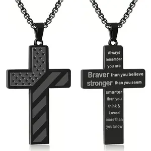 Men's Cross Necklace: Bible Verse & American Flag Pendant | Stainless Steel Patriotic Faith Chain - Bold Gift for Him men boy black tone