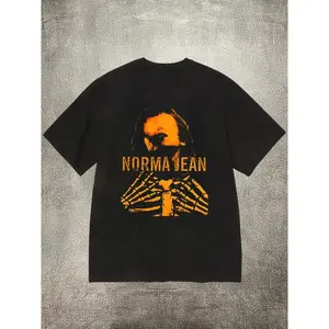 S-3XLMen's black 200g cotton crew-neck short-sleeve T-shirt with "norm Jean" band-style heat-transfer print