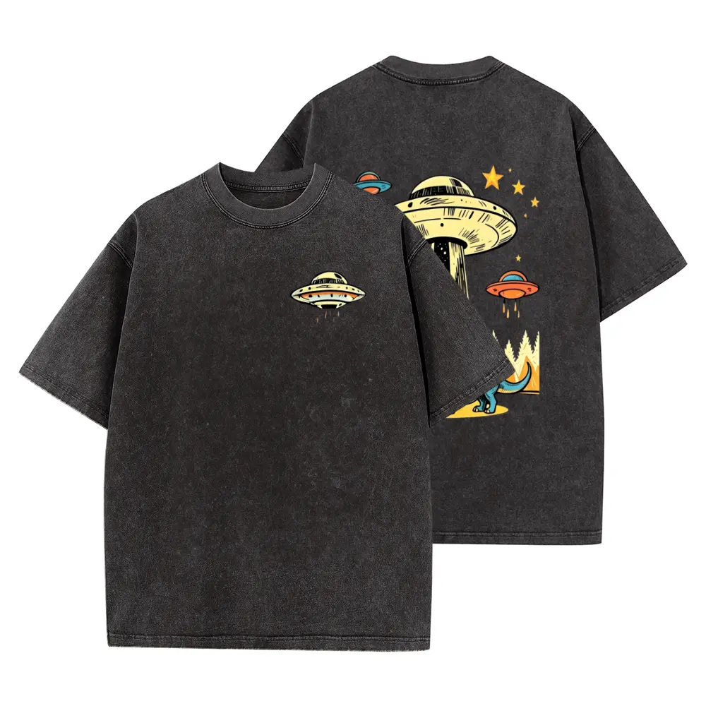 Men's Oversized Vintage Graphic T-Shirt - Mint Green, 230G Heavyweight Cotton, Sci-Fi UFO Dinosaur Print Short Sleeve, Natural, Breathes With You, All Seasons, Stretch Casual Fit, Machine Washable, Gift for Space and Dinosaur Enthusiasts