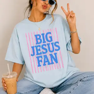 Striped Big Jesus Fan Comfort Colors T-Shirt, Preppy Christian Faith Tee, Inspirational Jesus Graphic Shirt, Trendy Religious God Lover Top, Aesthetic Christian Gift Tee - DPCLICK