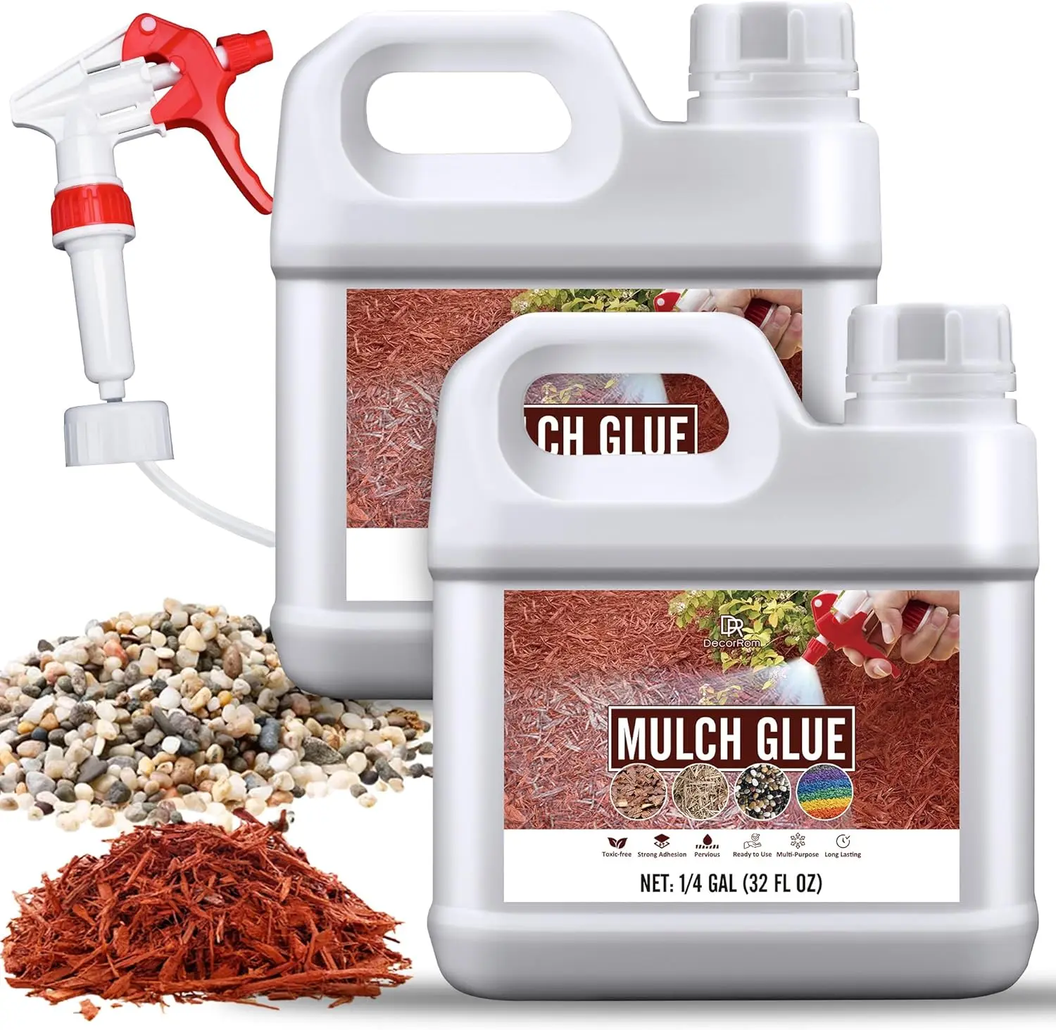 Mulch Glue - 64oz / 0.5 Gallon Landscape Gravel Binder Glue with Applicator for Landscaping Concentrate Covers, - Ready to Use Non Toxic Mulch Stabilizer for Pea Gravel, Stones, Bark