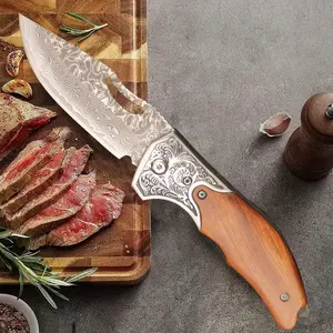 Damascus steel chef's knife, camping knife, solid wood handle - perfect for camping, kitchen, cutting fruit - ideal birthday gift for men