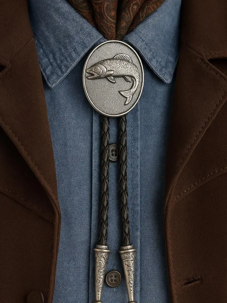Handmade Fish Bolo Tie : Leather Cowboy Necktie, Fisherman Gift