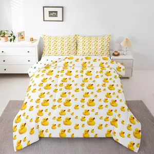 Cute Ducks Bedding Set,Kids Cartoon Duck Comforter Set,Funny Yellow Rubber Ducks Quilt Duvet Set,Kawaii Rubber Duck Bedding Collections