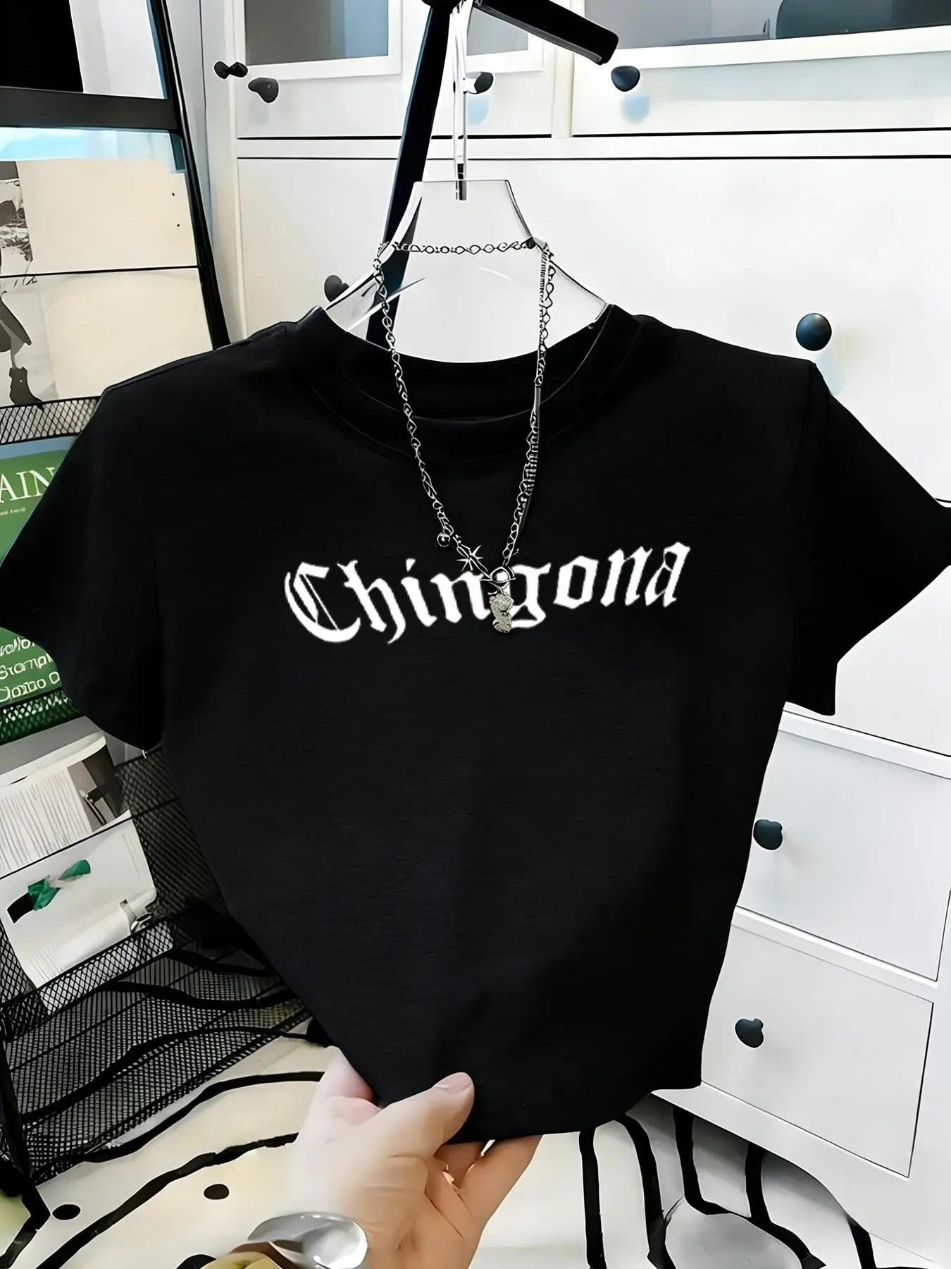 Summer Women's Chingona Gothic Print Short Sleeve Tee, High Waist Crop Top, Street Style Slim Fit, Casual Vintage Punk Design, Streetwear