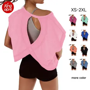Kingapril SummerVibes Women Short Sleeve Workout Shirts Open Back Tops Casual Yoga Y2k Athletic Gym Slouchy Crop Running Tees