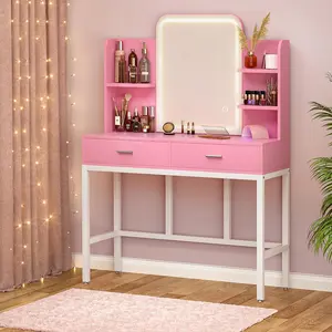 Unikito 33.7" Vanity Desk with Power Outlet, White and Black Makeup Dressing Table with Mirror and Lights, Ample Storage Space small  room Vanitydesk