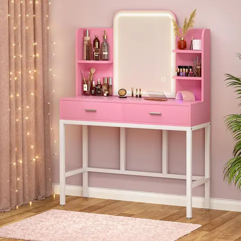 Unikito Modern Makeup Dresser - Sturdy 33.7" Makeup Vanity Desk with Metal Steel Frame, Power Outlet, LED Lighting, Glam Lighted Mirror, Ample Storage, White-Black Indoor Furniture (Ideal for Girls, Small Rooms)