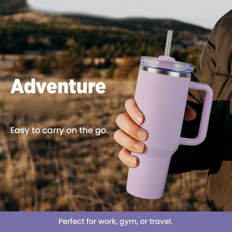 Medelim FlowCup Tumbler 40 Oz Insulated Stainless Steel Light Purple Travel Mug with Handle & Reusable Straw Leak-Proof Lid Car Cup Holder Compatible BPA-Free