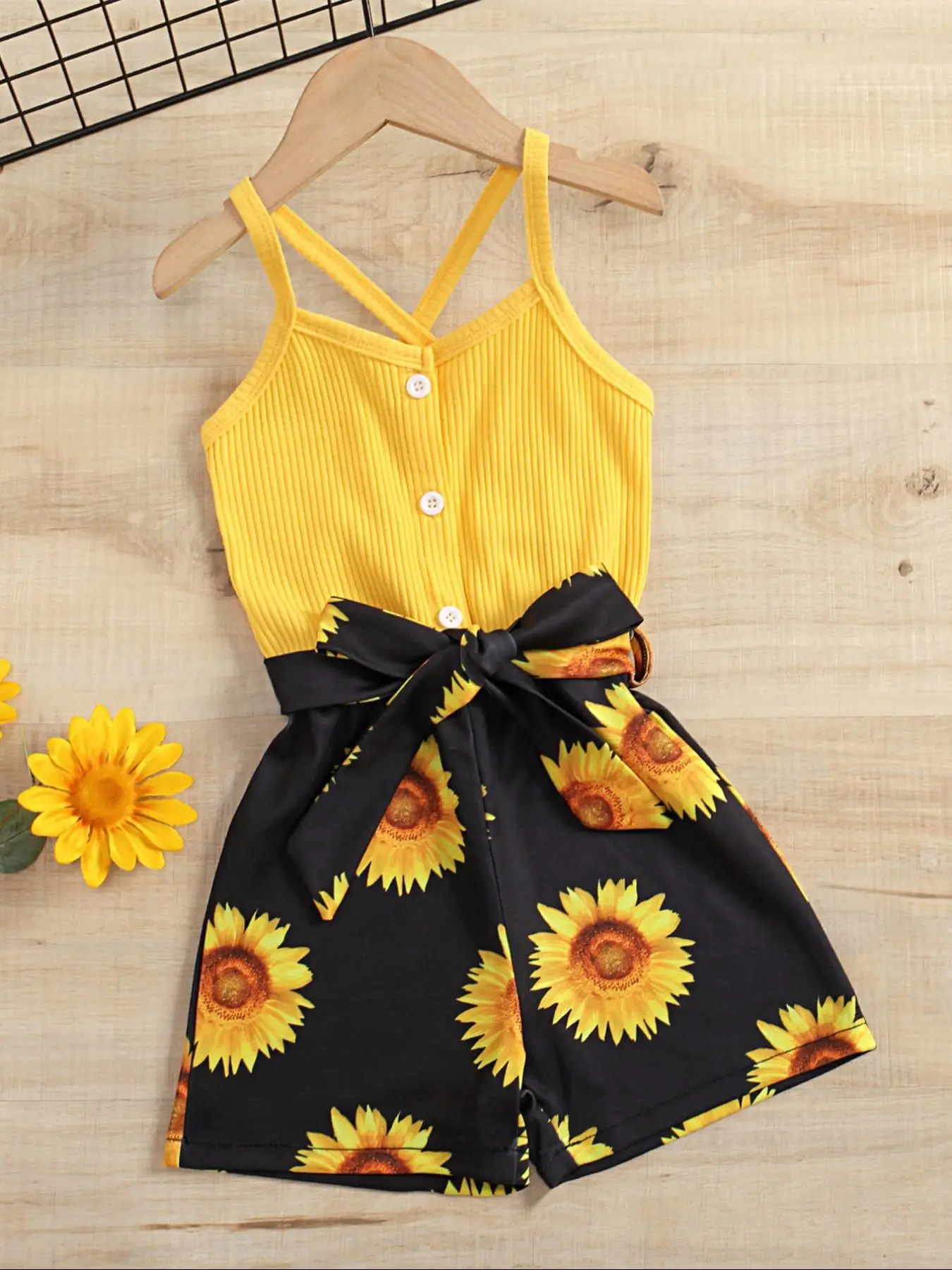 Toddler Girl's Sunflower Print Button Front Cami Romper, Boho Criss Cross Belted Romper for Vacation Holiday Beach, Kids Clothing for Summer, Going Ou